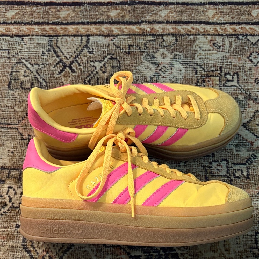 adidas Gazelle Platform Sneakers - Yellow with Pink Accents - Picture 1 of 3